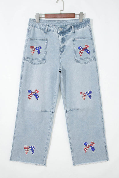 Beau Blue Patriotic Sequin Bow Patched Ankle-Length Shift Jeans