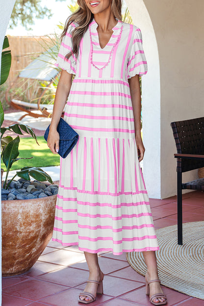 Sky Blue Stripe Ricrac Trim Notched Neck Half Sleeve Vacation Dress