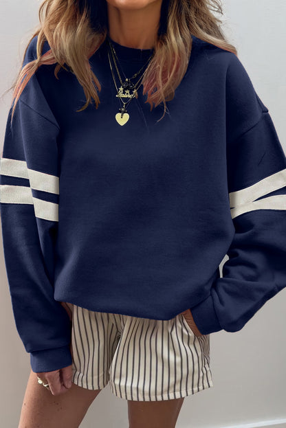 Navy Blue Preppy Striped Sleeve Loose Sweatshirt