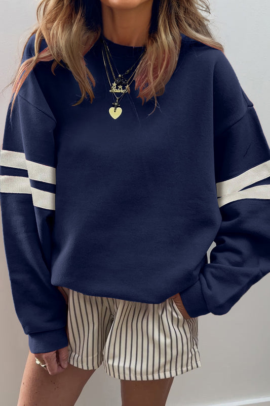 Navy Blue Preppy Striped Sleeve Loose Sweatshirt