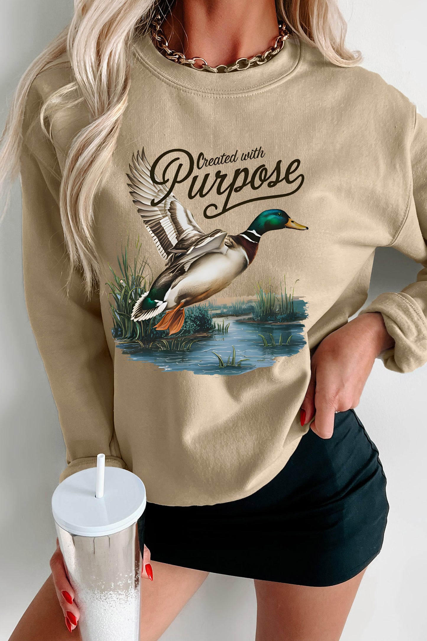 Khaki Created with Purpose Western Mallard Graphic Casual Pullover Sweatshirt
