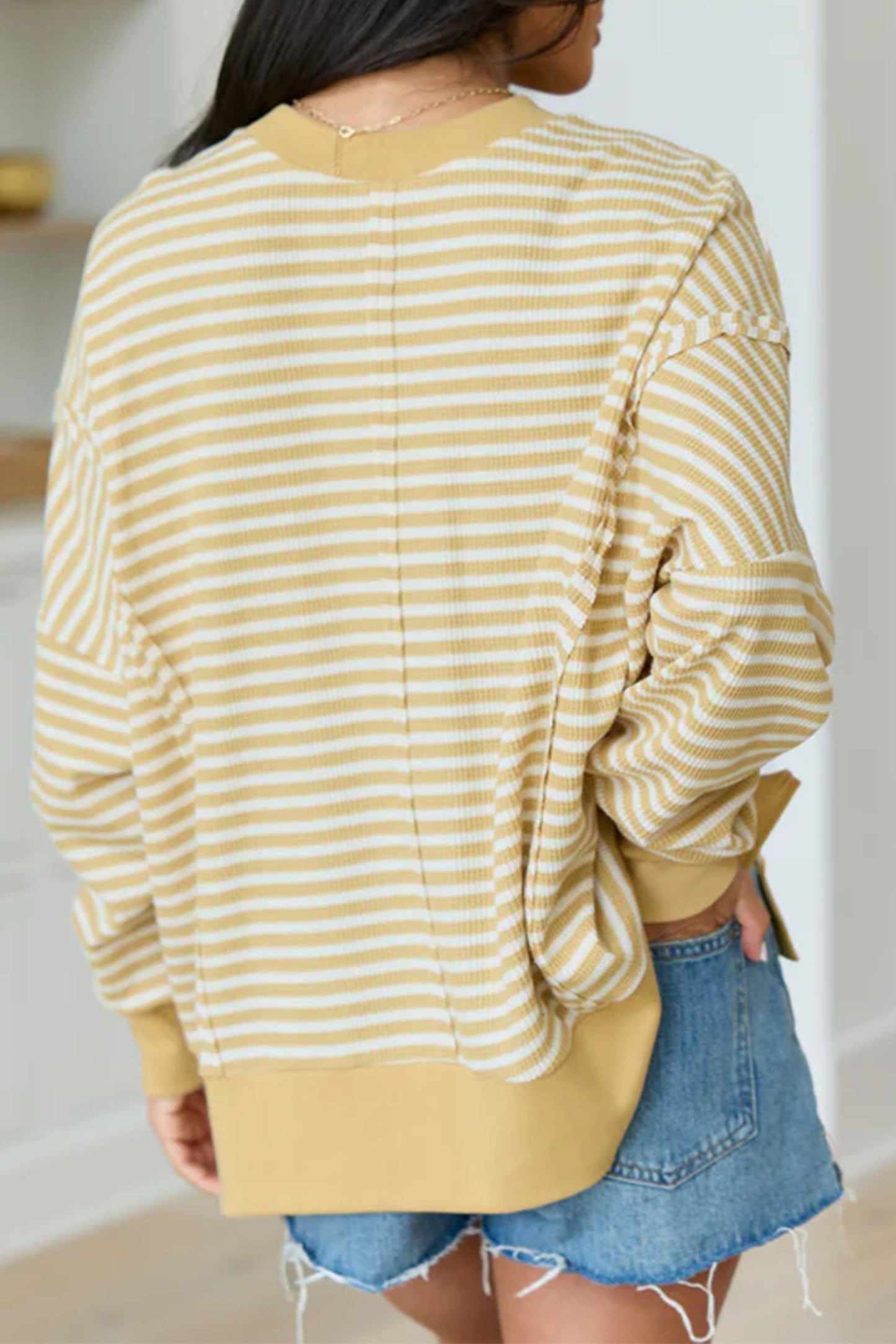 Pink Stripe Textured Knit Color Block Trim Split Hem Long Sleeve Top