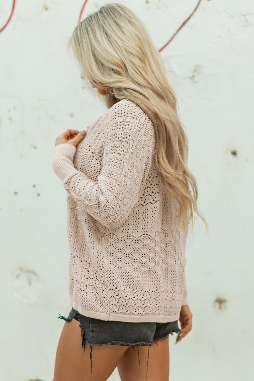 Redwood Burl Mix Pattern Hollowed Knit Open Front Cardigan
