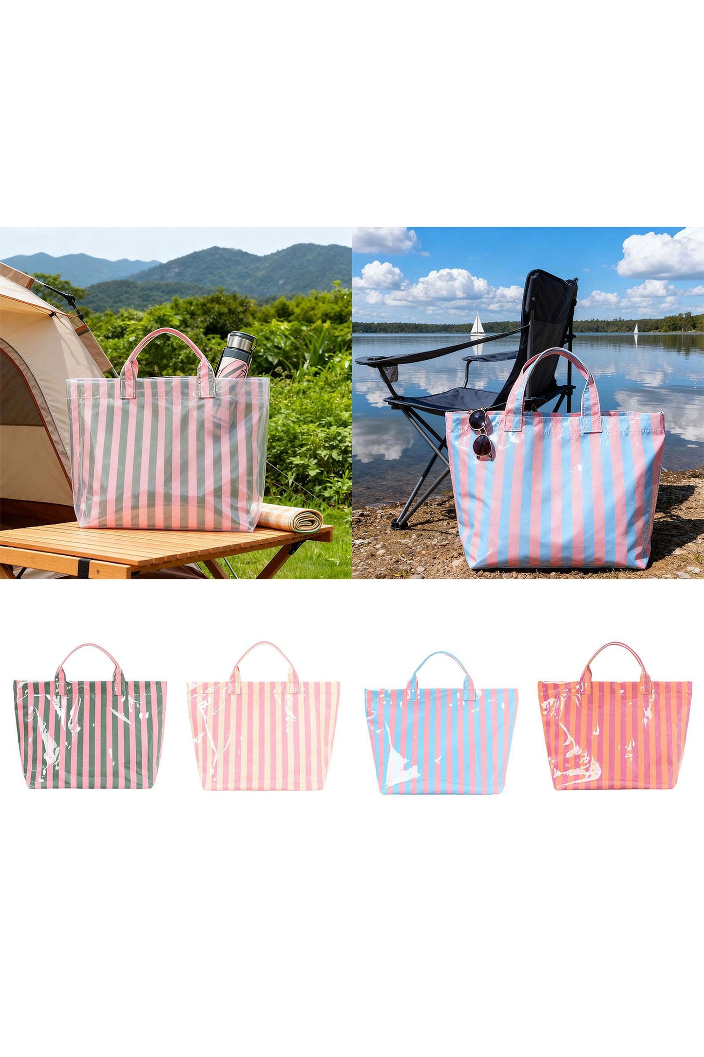 Light Blue Glossy Striped Vinyl Large Tote Bag (Batch Color Gap)