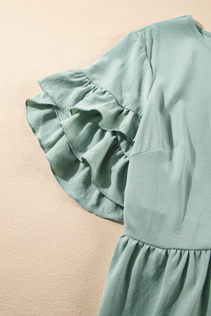 Grass Green Plain Ruffle Hem Plus Size Flared Mini Dress