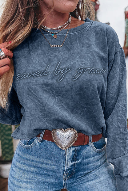 Sea Green  saved by grace Letter Embroidery Mineral Wash Loose Sweatshirt