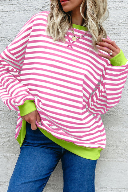 White Striped Contrast Trim Drop Shoulder Sweatshirt