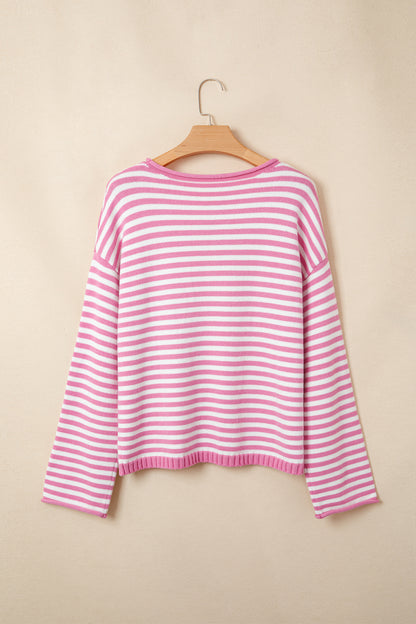 Green Stripe Striped Button Placket Drop Shoulder Long Sleeve Sweater