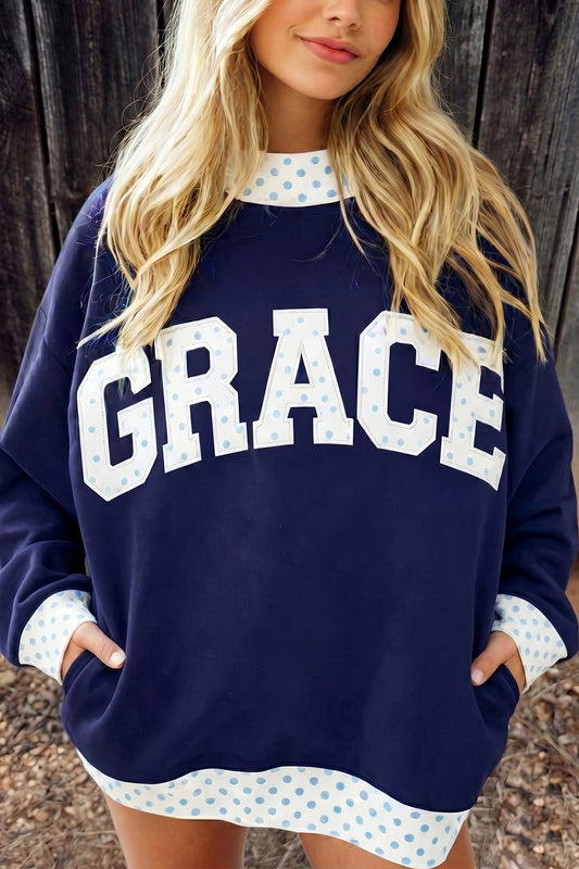 Dirty blue Plaid Trim High Neck GRACE Letter Graphic Baggy Sweatshirt