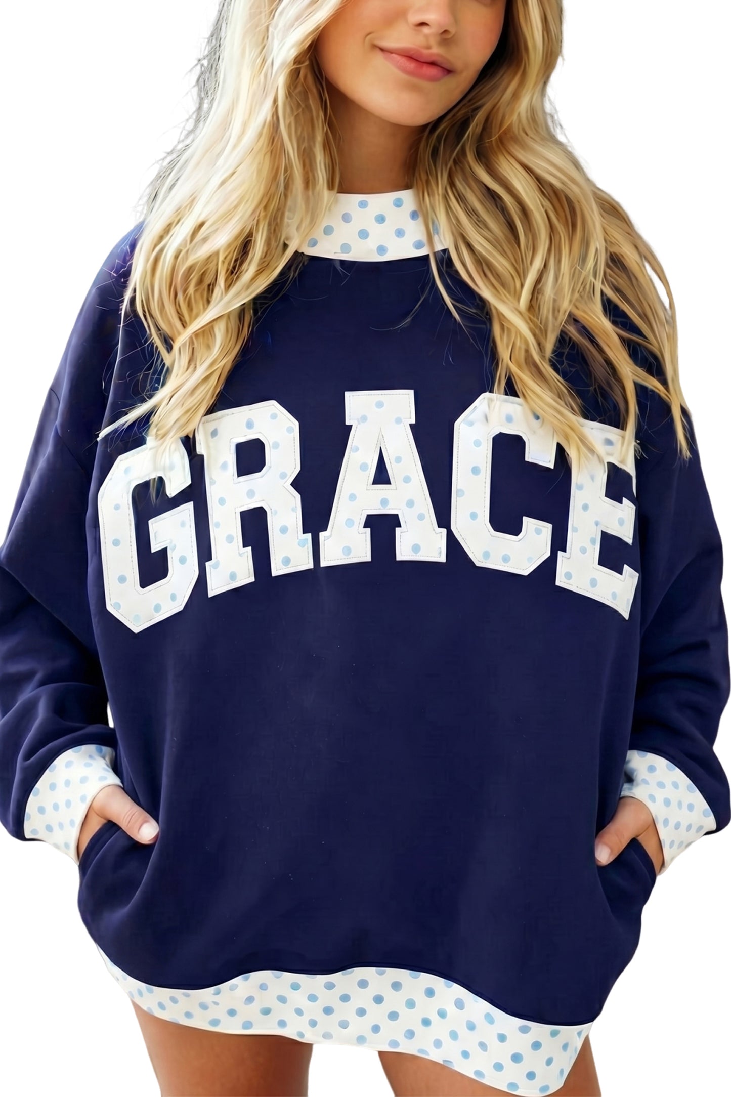 Dirty blue Plaid Trim High Neck GRACE Letter Graphic Baggy Sweatshirt