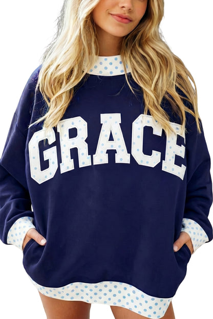 Dirty blue Plaid Trim High Neck GRACE Letter Graphic Baggy Sweatshirt