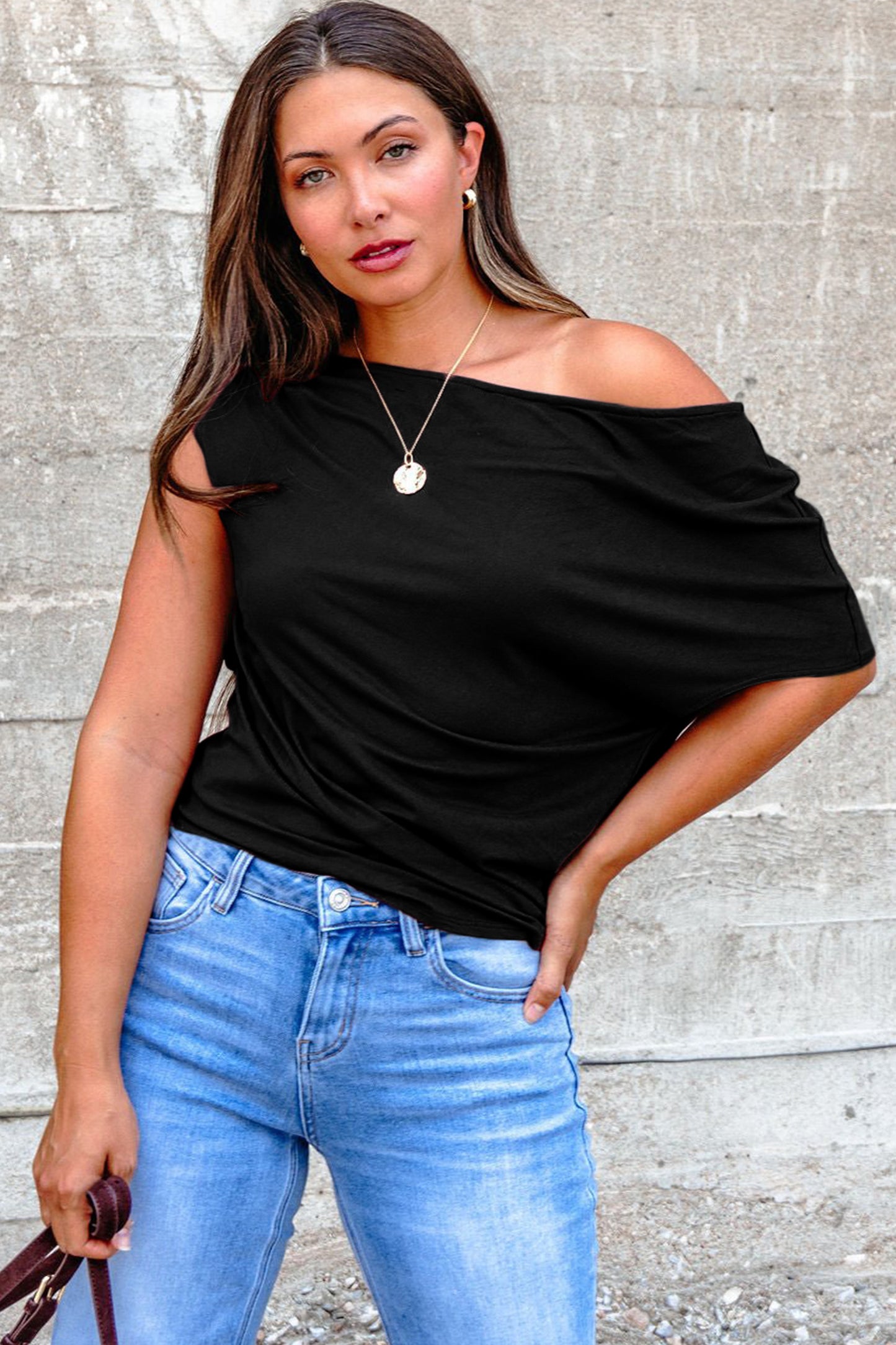 Burgundy Plus Size Solid Color Asymmetric Neck Short Sleeve Blouse