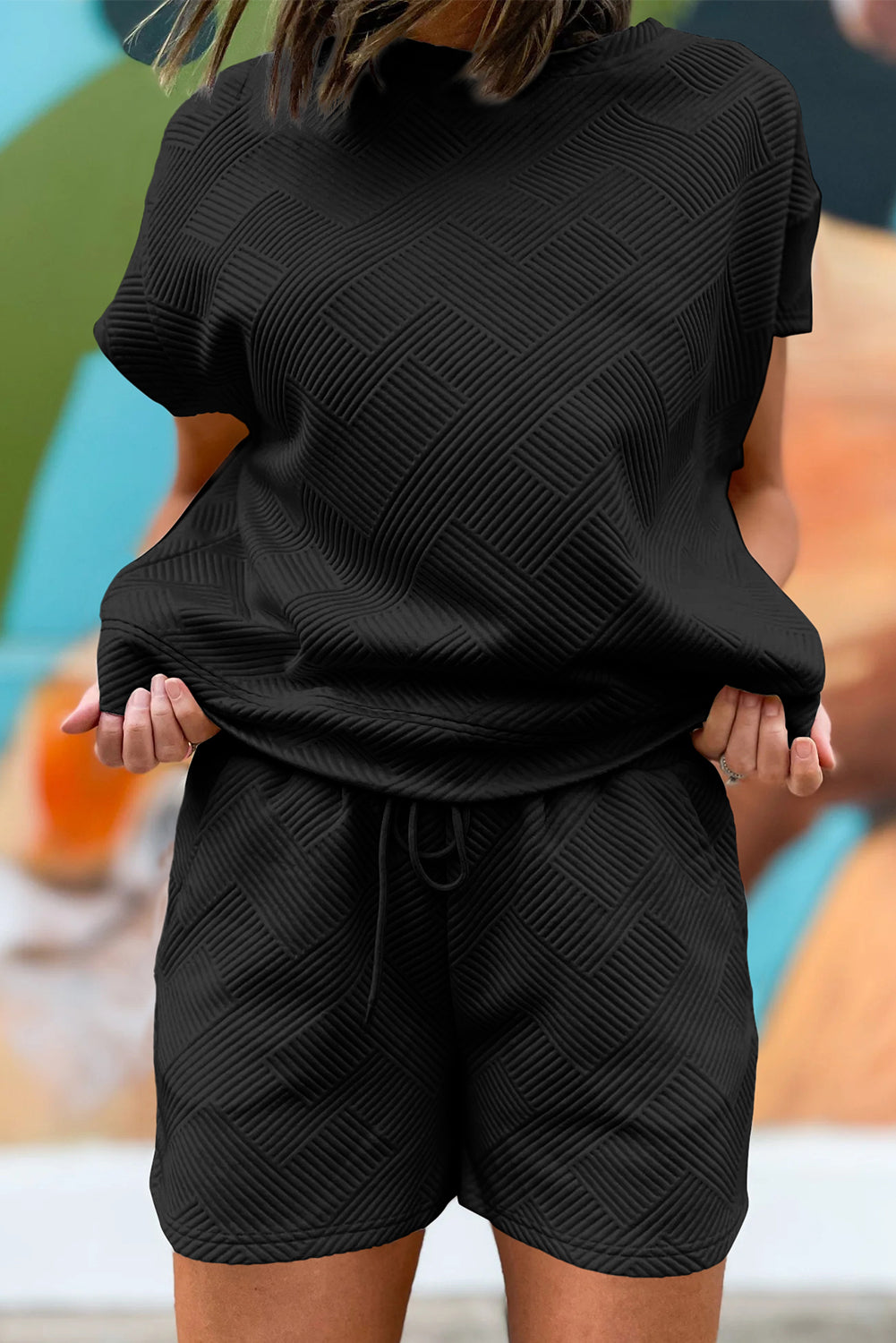 Dark Blue Textured Short Sleeve Top and Shorts Set