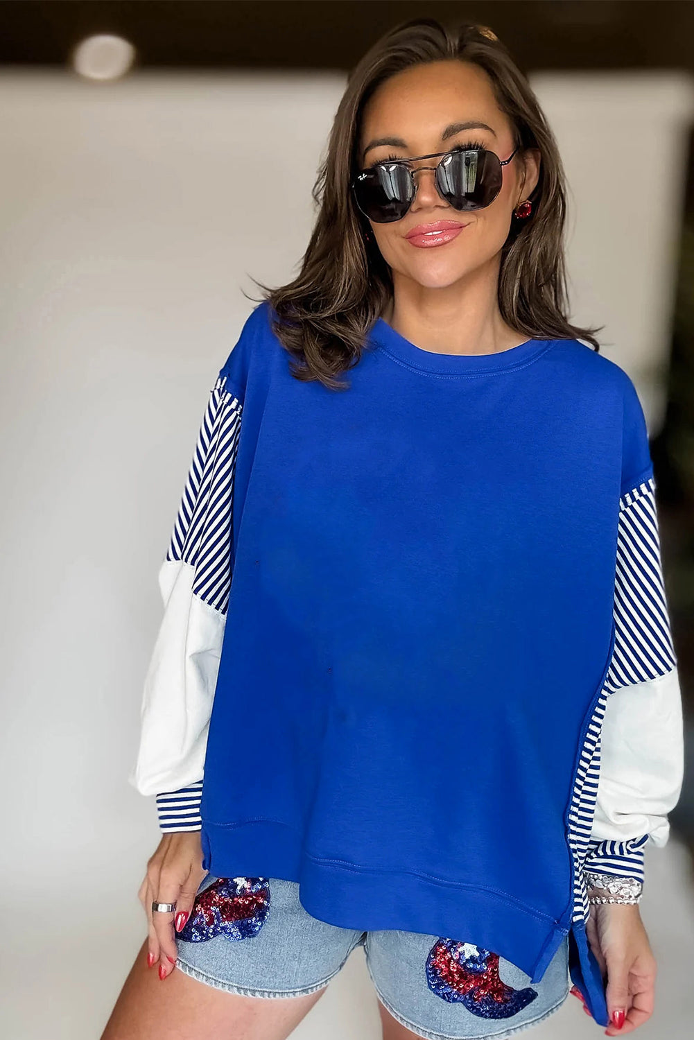 Racing Red Striped Patchwork Sleeve Colorblock Sweatshirt