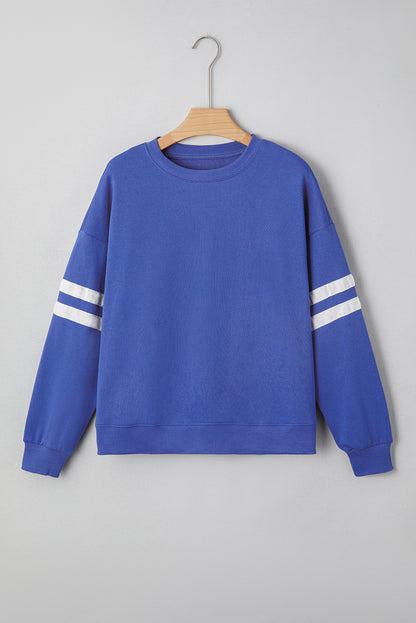 Navy Blue Preppy Striped Sleeve Loose Sweatshirt