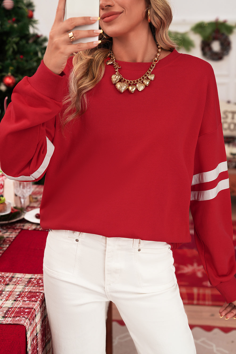 Navy Blue Preppy Striped Sleeve Loose Sweatshirt