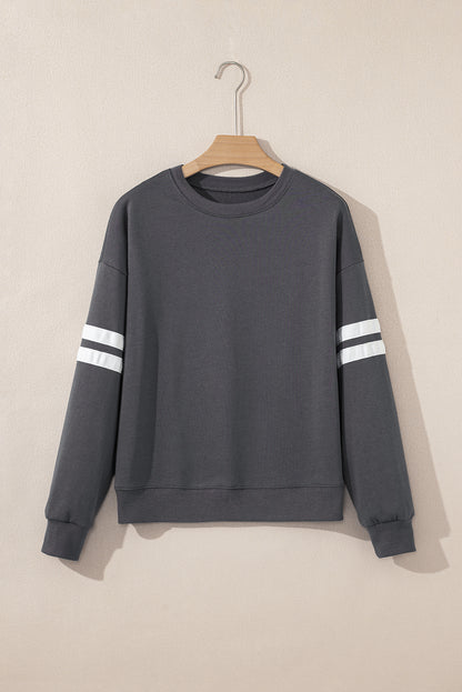 Navy Blue Preppy Striped Sleeve Loose Sweatshirt