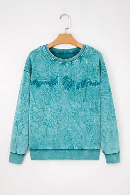 Sea Green  saved by grace Letter Embroidery Mineral Wash Loose Sweatshirt