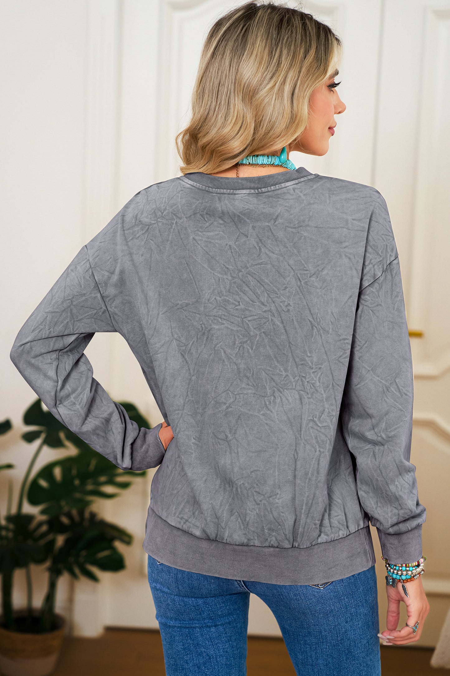 Sea Green  saved by grace Letter Embroidery Mineral Wash Loose Sweatshirt