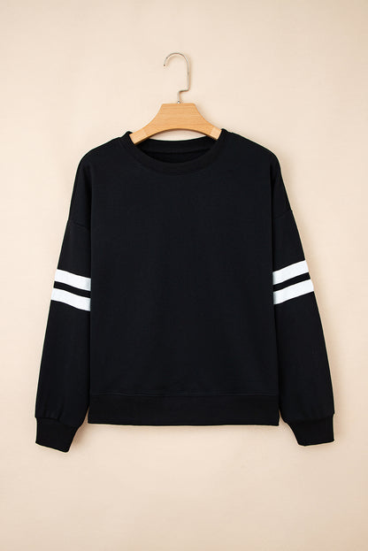 Navy Blue Preppy Striped Sleeve Loose Sweatshirt