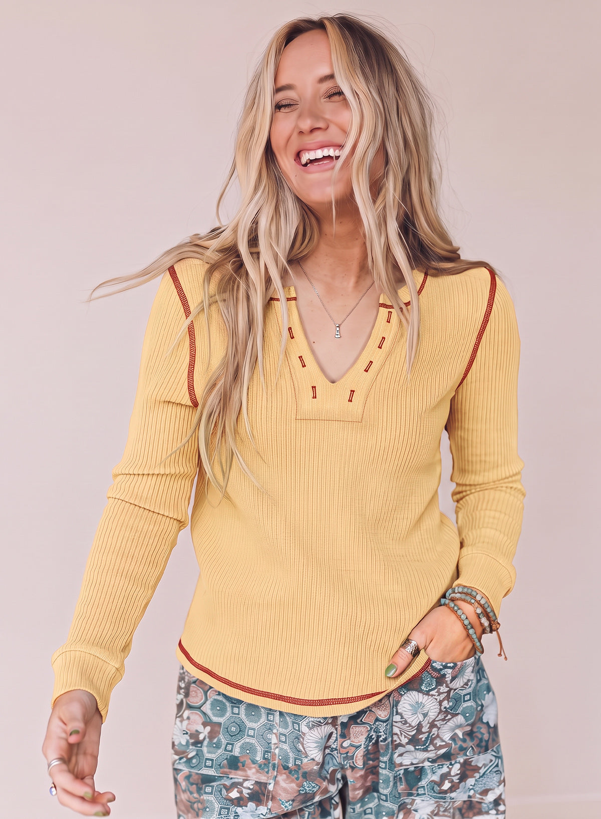 Peacock Blue V Neck Ribbed Stitched Detail Long Sleeve Top