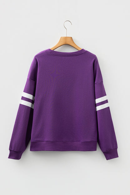 Navy Blue Preppy Striped Sleeve Loose Sweatshirt