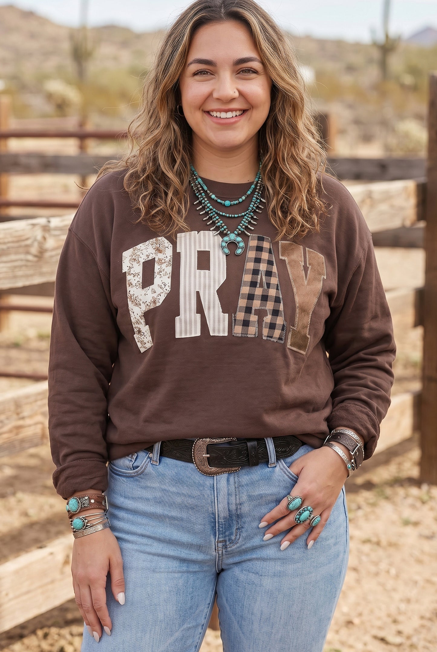 Coffee PRAY Letter Patchwork Round Neck Long Sleeve Plus Size Sweatshirt
