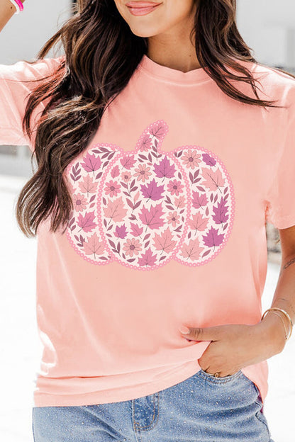 Pink Leafy Floral Pumpkin Graphic Casual Round Neck T Shirt