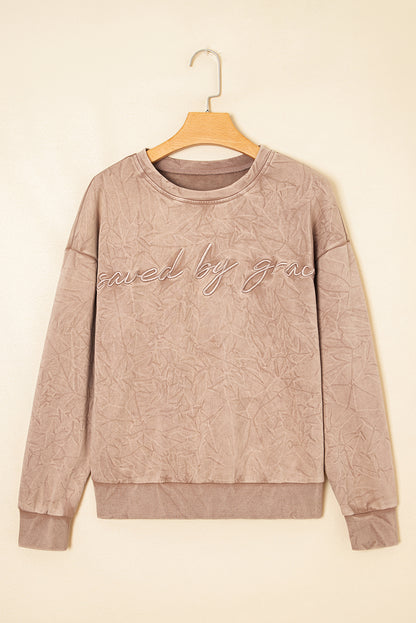 Sea Green  saved by grace Letter Embroidery Mineral Wash Loose Sweatshirt