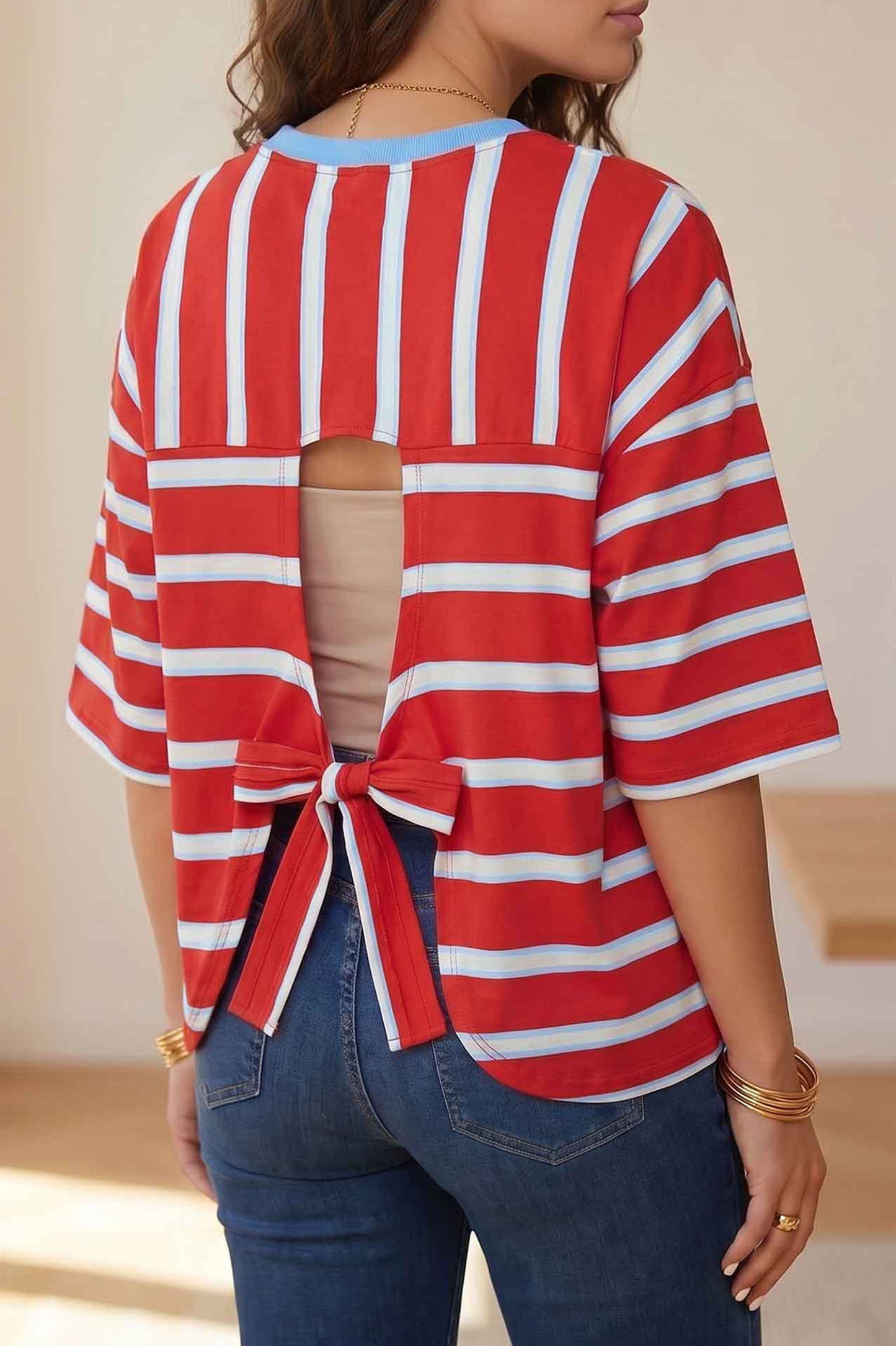 Racing Red Striped Bow Tie Hollowed Back 7/8 Sleeve Casual T-Shirt