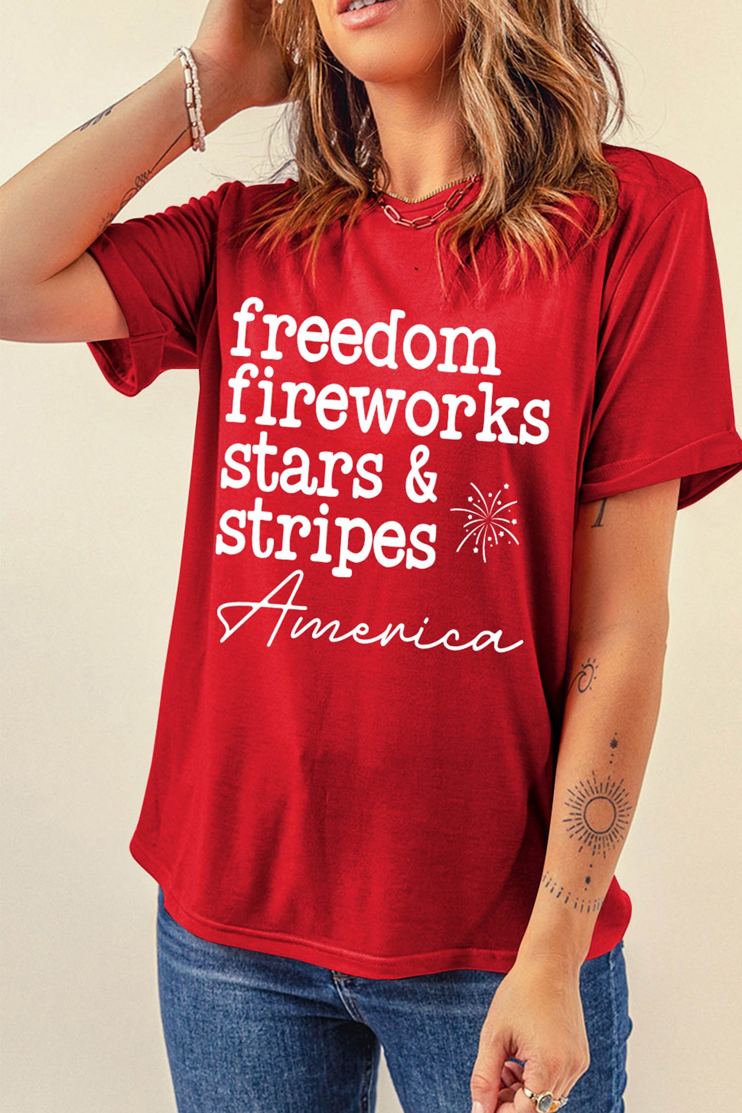 Red Freedom Fireworks American Patriotic Slogan Printed T Shirt