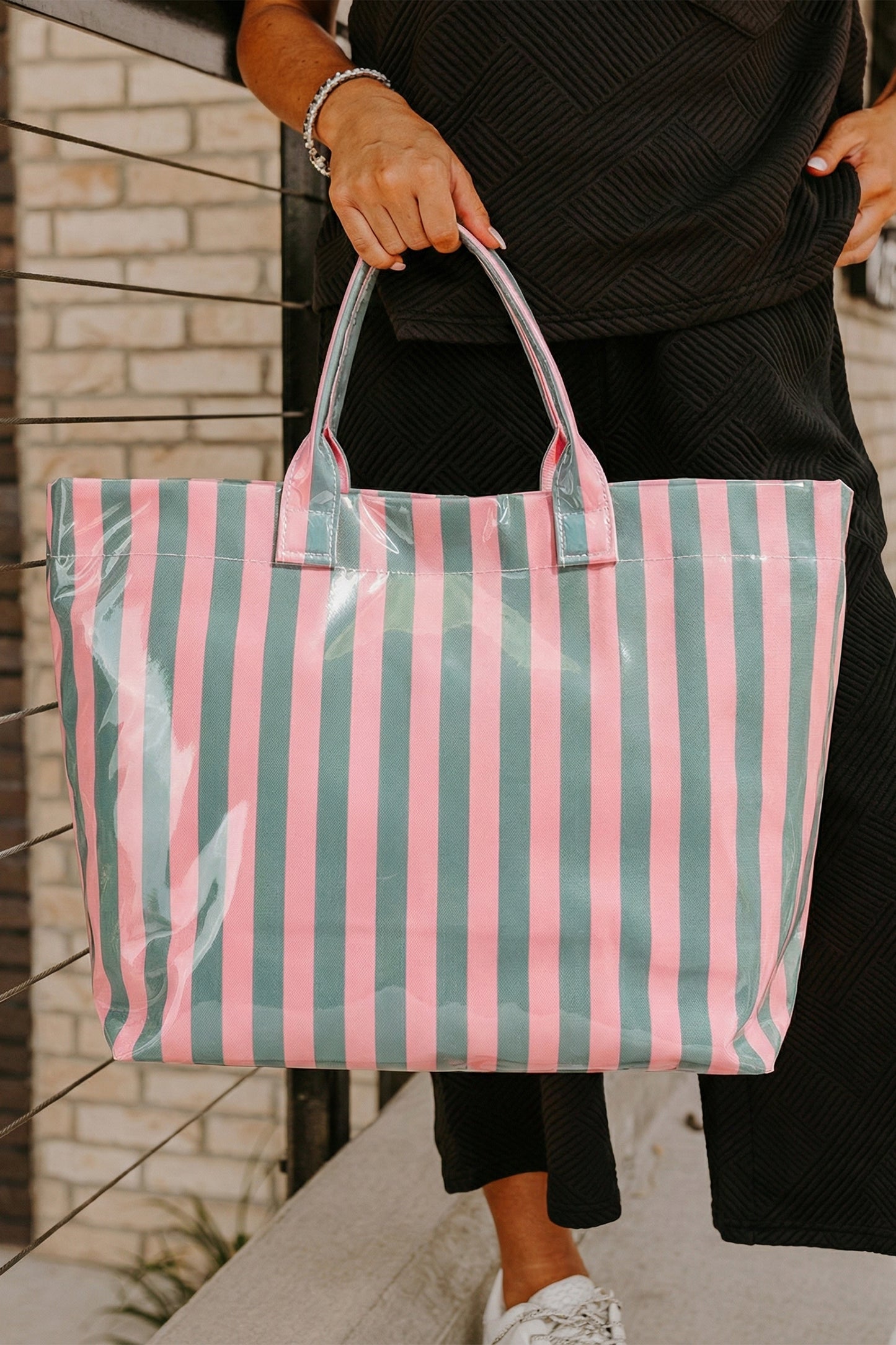 Light Blue Glossy Striped Vinyl Large Tote Bag (Batch Color Gap)