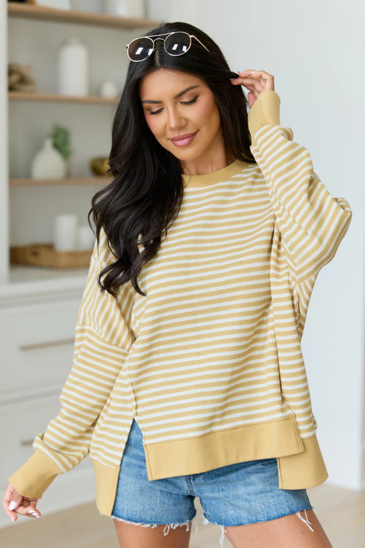 Pink Stripe Textured Knit Color Block Trim Split Hem Long Sleeve Top