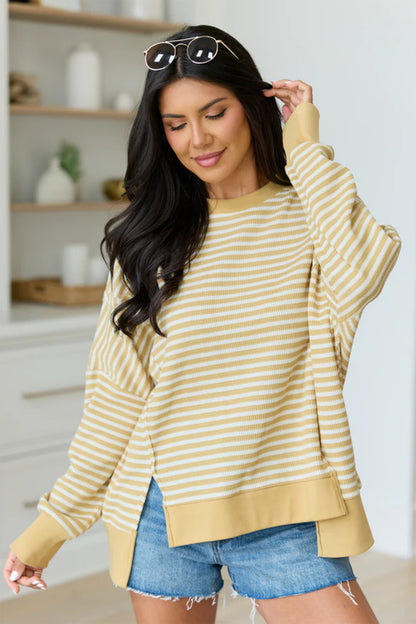Pink Stripe Textured Knit Color Block Trim Split Hem Long Sleeve Top