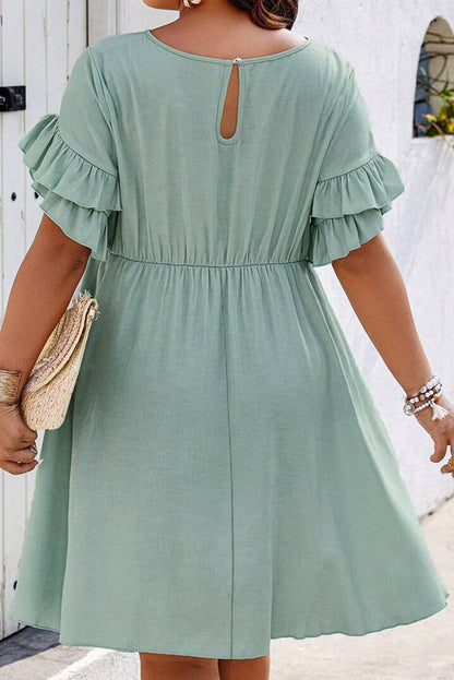 Grass Green Plain Ruffle Hem Plus Size Flared Mini Dress