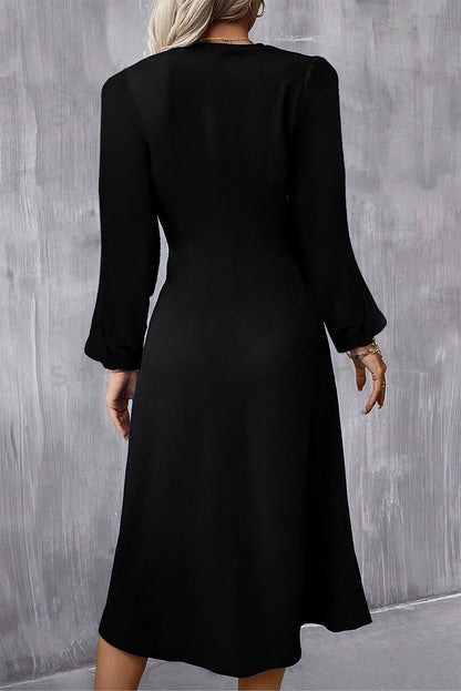 Fiery Red Solid Color Ruched Detail Long Sleeve Midi Dress