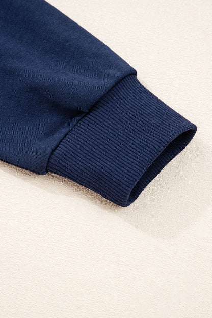 Navy Blue Preppy Striped Sleeve Loose Sweatshirt