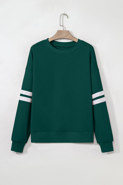Navy Blue Preppy Striped Sleeve Loose Sweatshirt