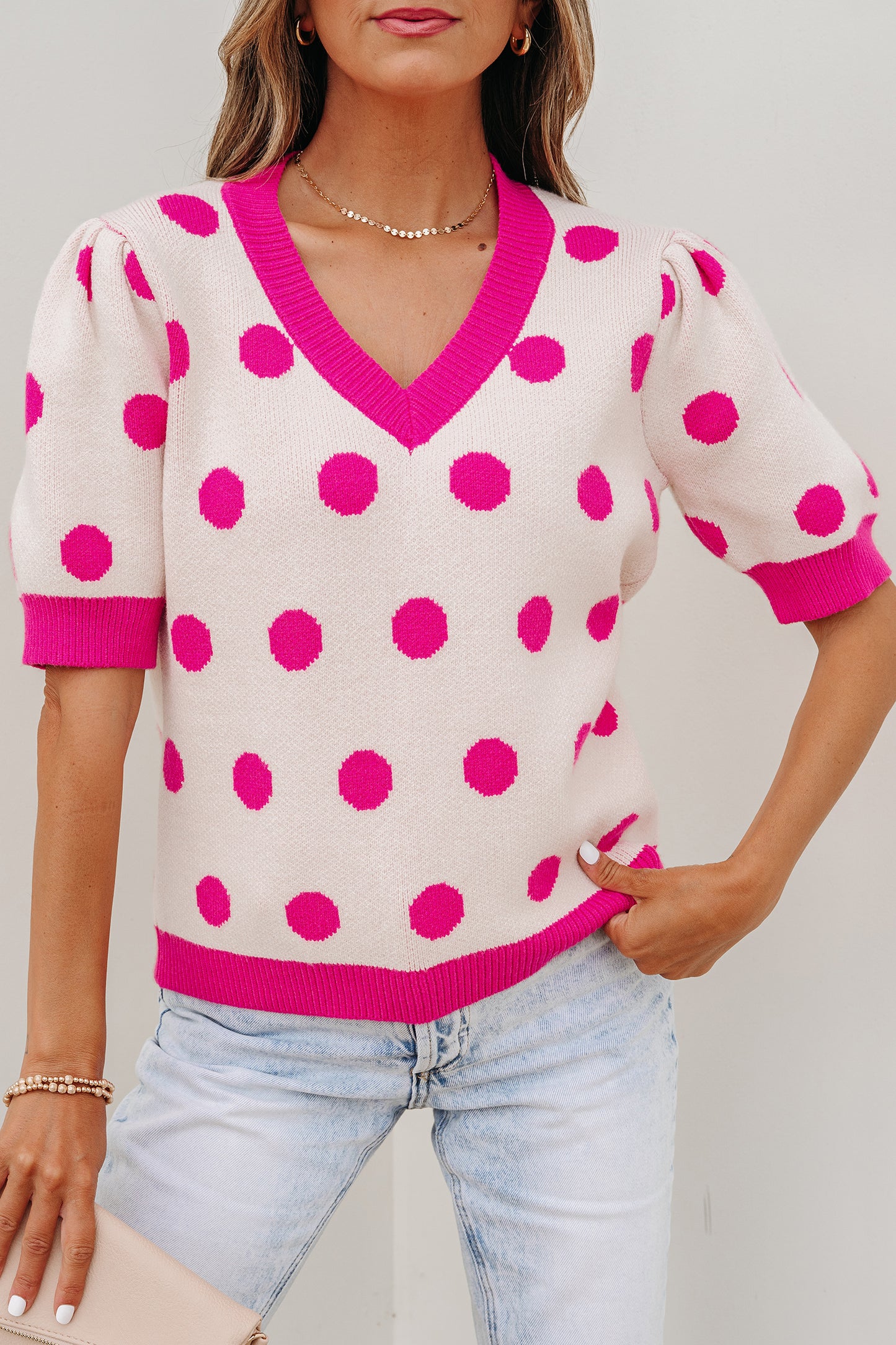 Light Blue Polka Dot Puff Short Sleeve Sweater Top