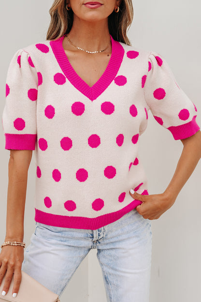 Light Blue Polka Dot Puff Short Sleeve Sweater Top