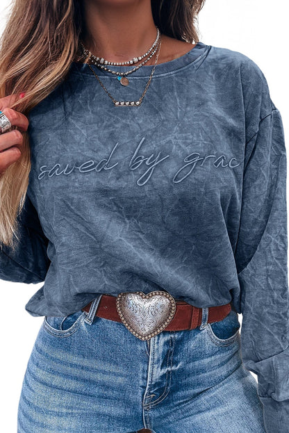Sea Green  saved by grace Letter Embroidery Mineral Wash Loose Sweatshirt