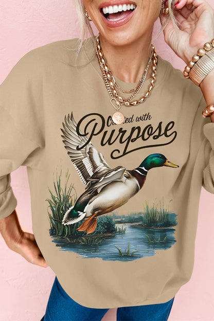 Khaki Created with Purpose Western Mallard Graphic Casual Pullover Sweatshirt