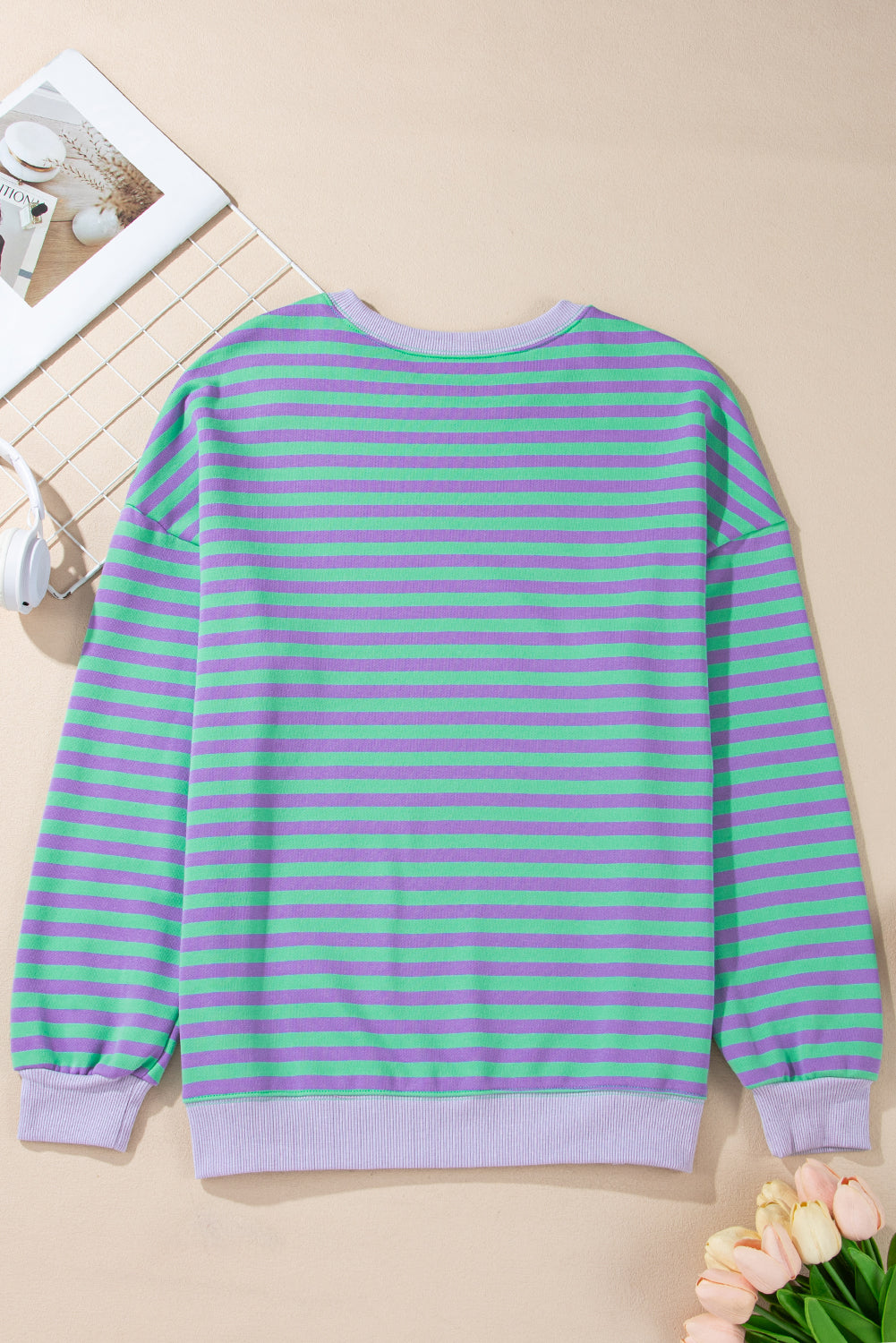White Striped Contrast Trim Drop Shoulder Sweatshirt