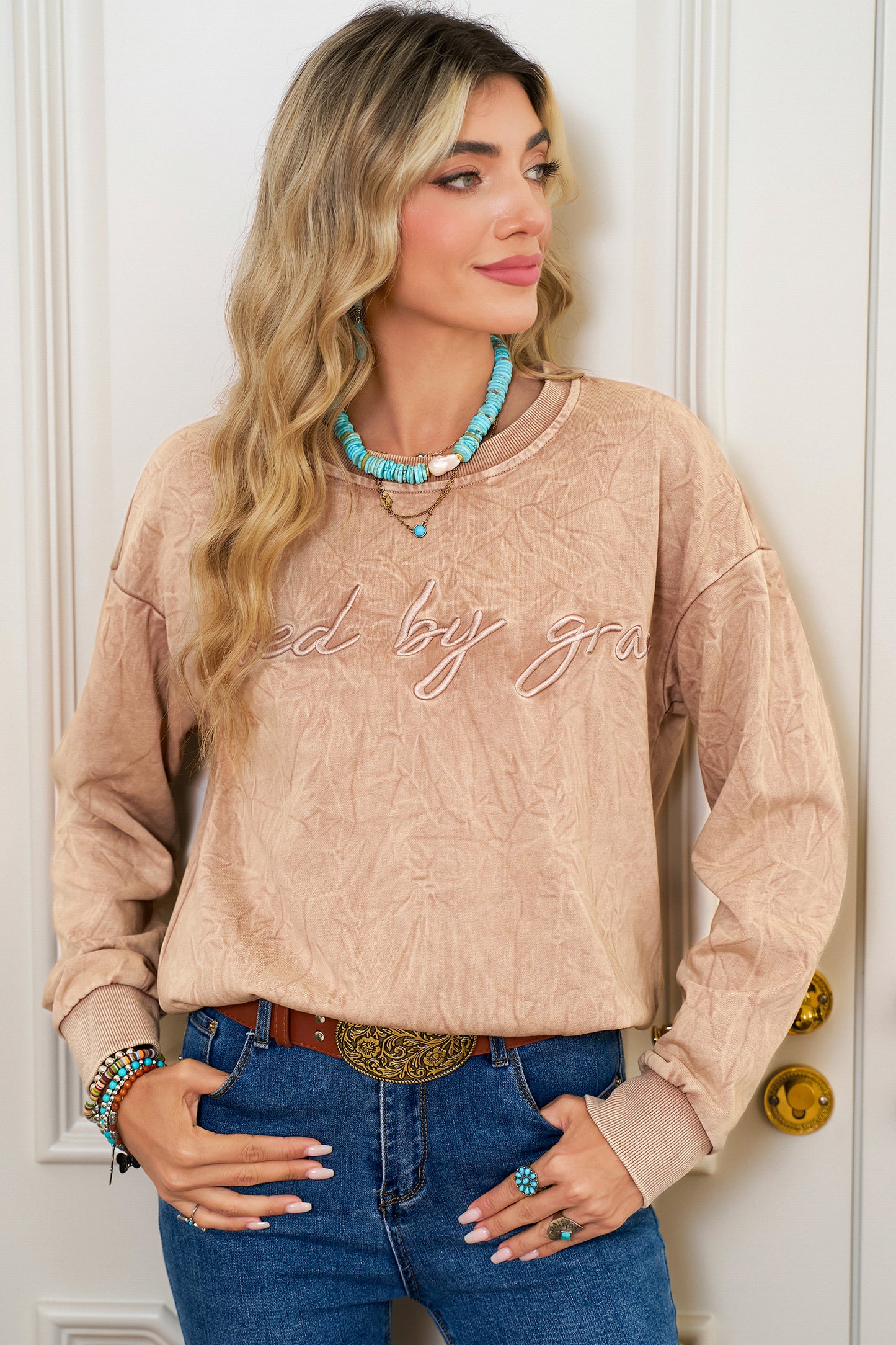 Sea Green  saved by grace Letter Embroidery Mineral Wash Loose Sweatshirt