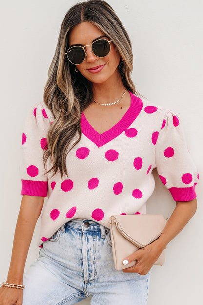 Light Blue Polka Dot Puff Short Sleeve Sweater Top