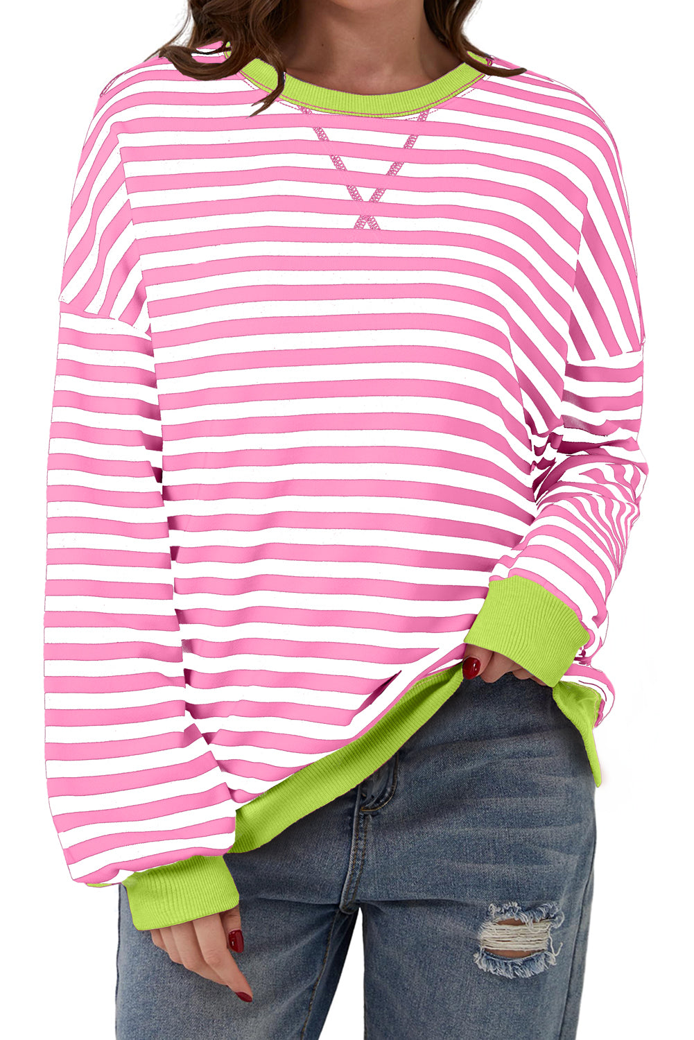 White Striped Contrast Trim Drop Shoulder Sweatshirt