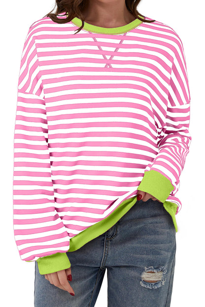 White Striped Contrast Trim Drop Shoulder Sweatshirt