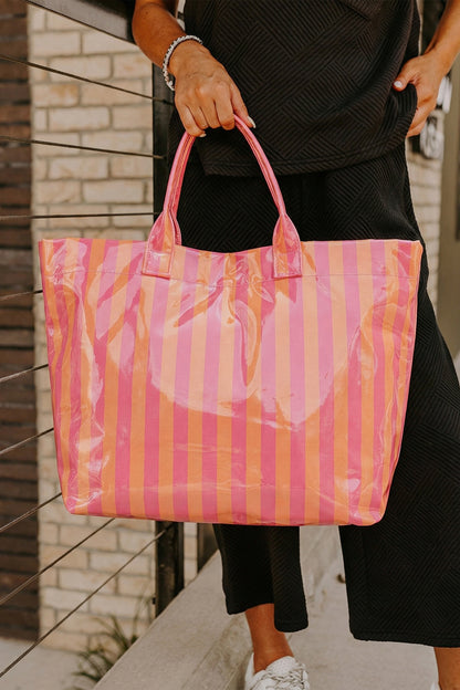 Light Blue Glossy Striped Vinyl Large Tote Bag (Batch Color Gap)