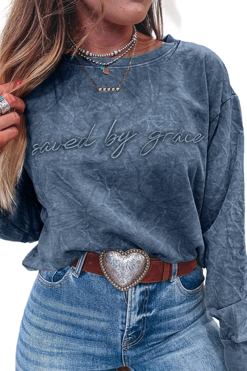 Sea Green  saved by grace Letter Embroidery Mineral Wash Loose Sweatshirt