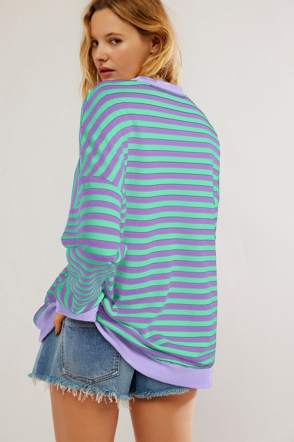 White Striped Contrast Trim Drop Shoulder Sweatshirt
